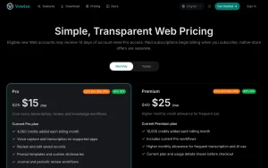Vowise pricing page with plans and prices — screenshot of the productivity & writing AI tool, 2026-10-02