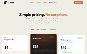 Vunote pricing page with plans and prices — screenshot of the productivity & writing AI tool, 2026-10-01
