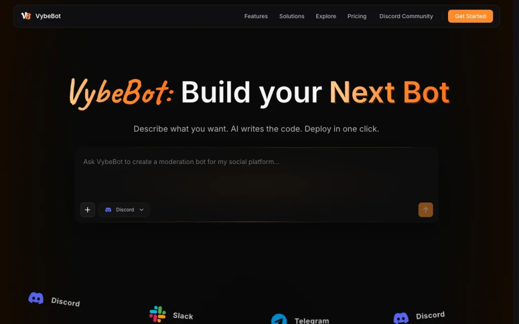 VybeBot página principal — captura de pantalla de la herramienta de IA programación, Oct 1, 2026