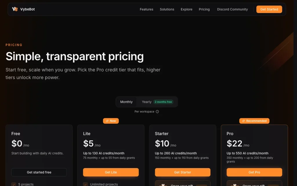 VybeBot pricing page with plans and prices — screenshot of the coding AI tool, Oct 1, 2026