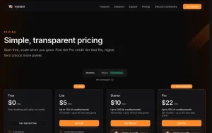 VybeBot pricing page with plans and prices — screenshot of the coding AI tool, 2026-10-01