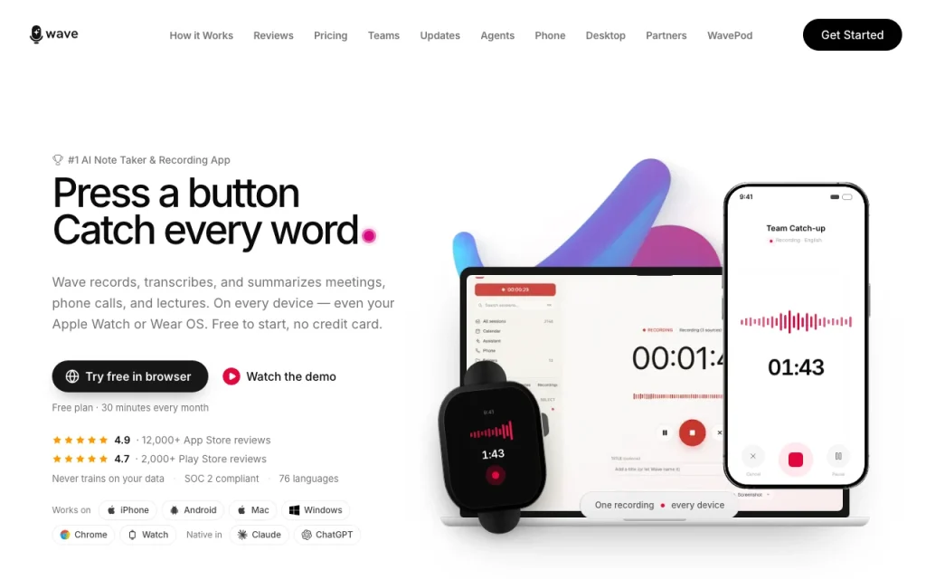 Wave homepage — screenshot of the productivity & writing AI tool, Oct 13, 2026