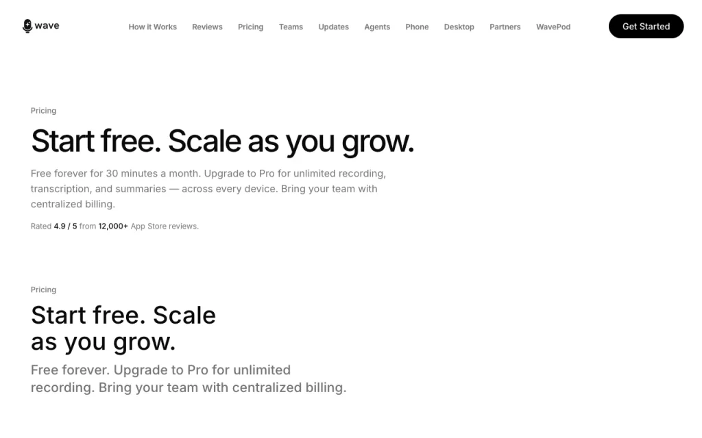 Wave pricing page with plans and prices — screenshot of the productivity & writing AI tool, Oct 13, 2026