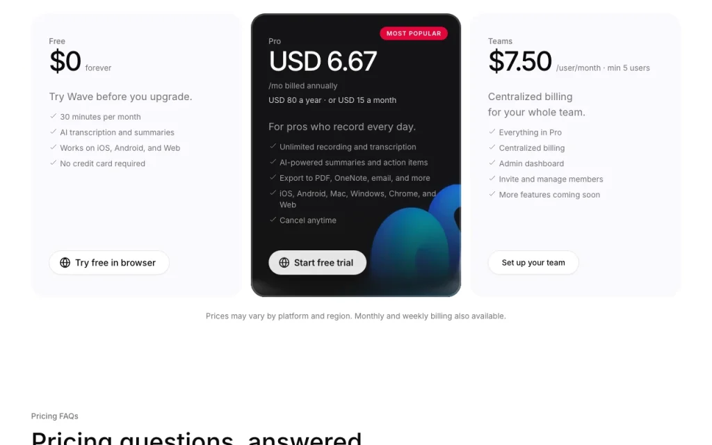 Wave pricing page with plans and prices — screenshot of the productivity & writing AI tool, Oct 13, 2026