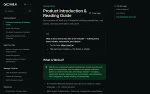 We0.ai docs page homepage screenshot, coding AI tool