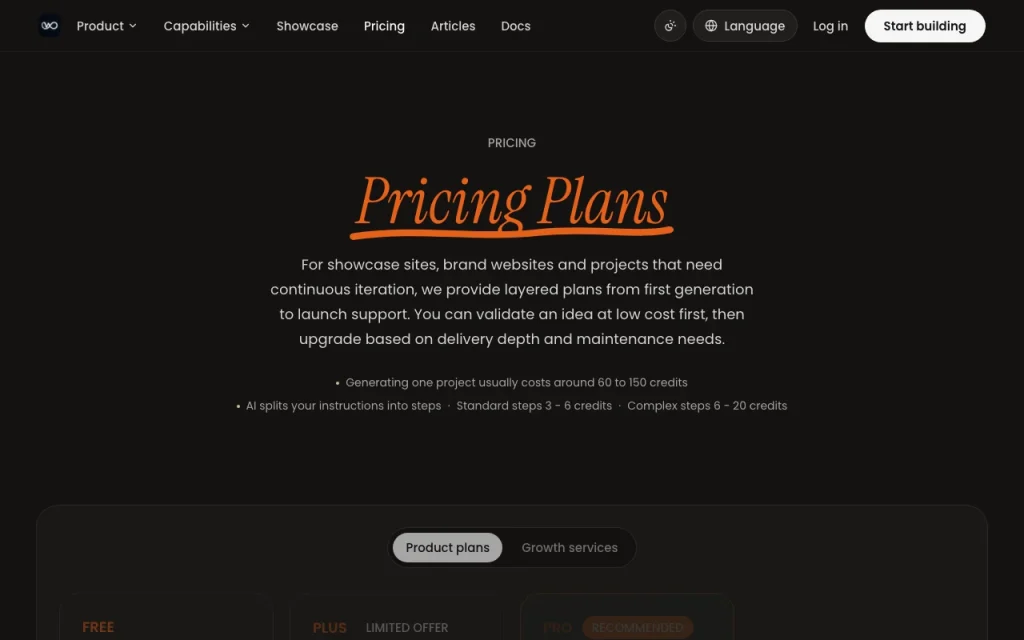 We0.ai página de precios con planes y precios — captura de pantalla de la herramienta de IA programación, Oct 1, 2026