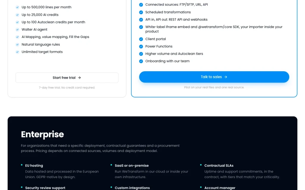 WeTransform página de precios con planes y precios — captura de pantalla de la herramienta de IA productividad y escritura, Oct 1, 2026