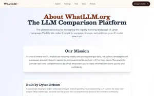 WhatLLM.org about page — screenshot of the research & search AI tool, 2026-10-02