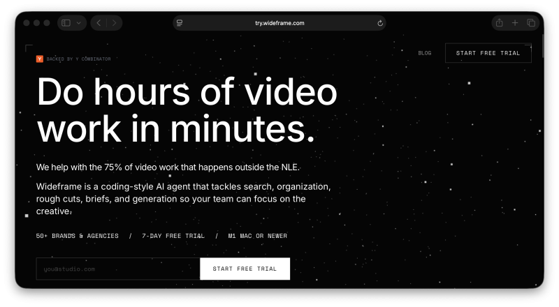 Wideframe homepage screenshot, video AI tool