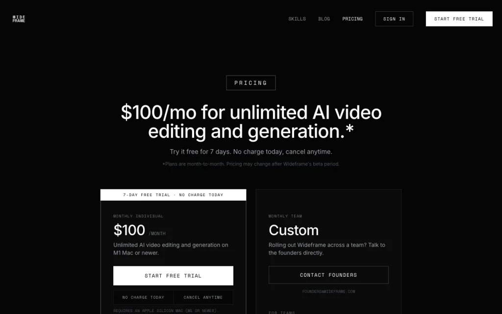 Wideframe pricing page with plans and prices — screenshot of the video AI tool, Oct 2, 2026