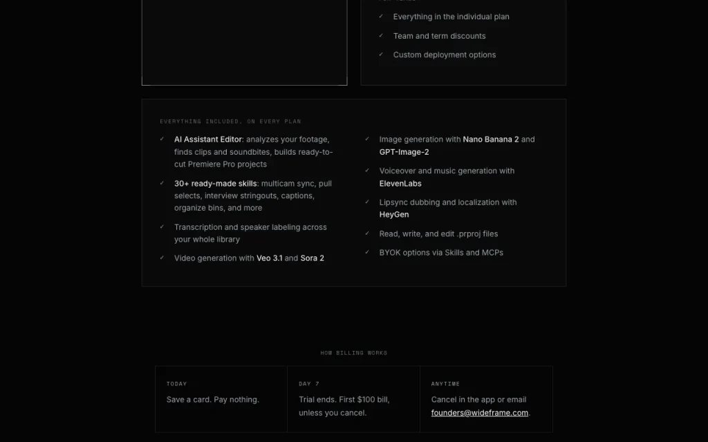 Wideframe pricing page with plans and prices — screenshot of the video AI tool, Oct 2, 2026