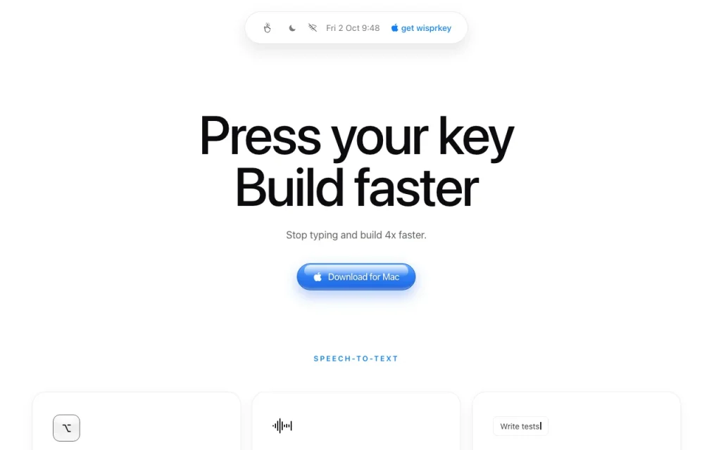 Wisprkey homepage — screenshot of the audio & voice AI tool, Oct 2, 2026