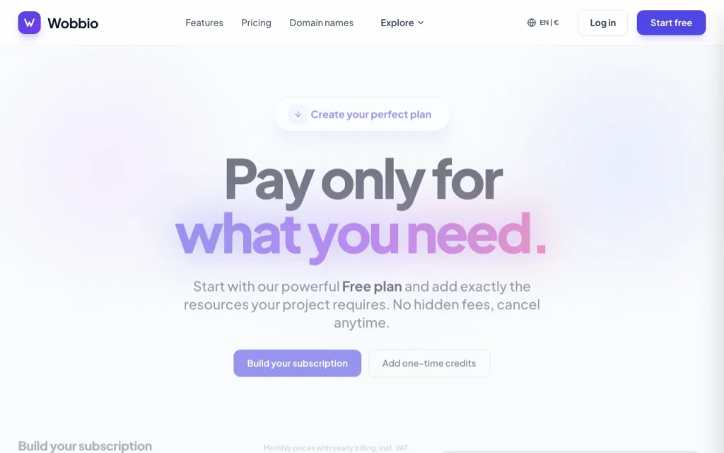 Wobbio pricing page with plans and prices — screenshot of the productivity & writing AI tool, Oct 2, 2026