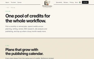 Word Presto pricing page with plans and prices — screenshot of the productivity & writing AI tool, 2026-10-02