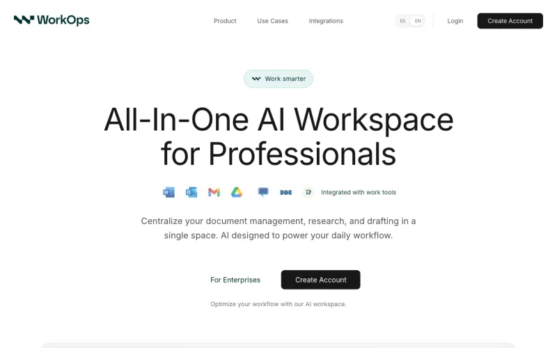 WorkOps homepage screenshot, productivity & writing AI tool