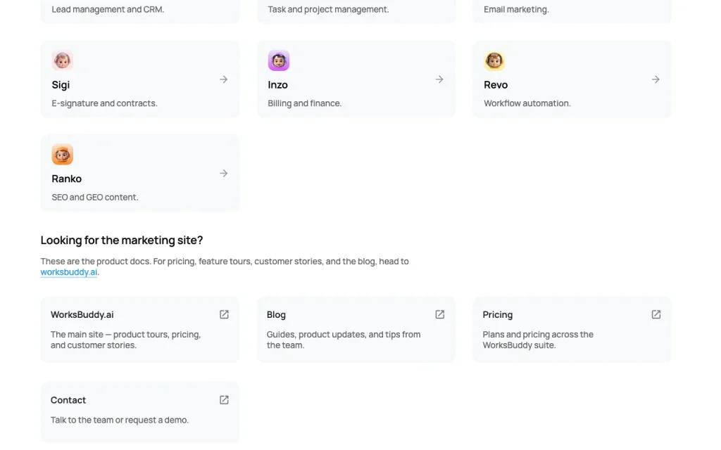 WorksBuddy documentation — capture d'écran de l'outil d'IA productivité et rédaction, Oct 1, 2026