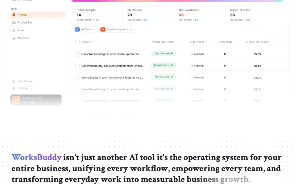 WorksBuddy page d'accueil — capture d'écran de l'outil d'IA productivité et rédaction, Oct 1, 2026