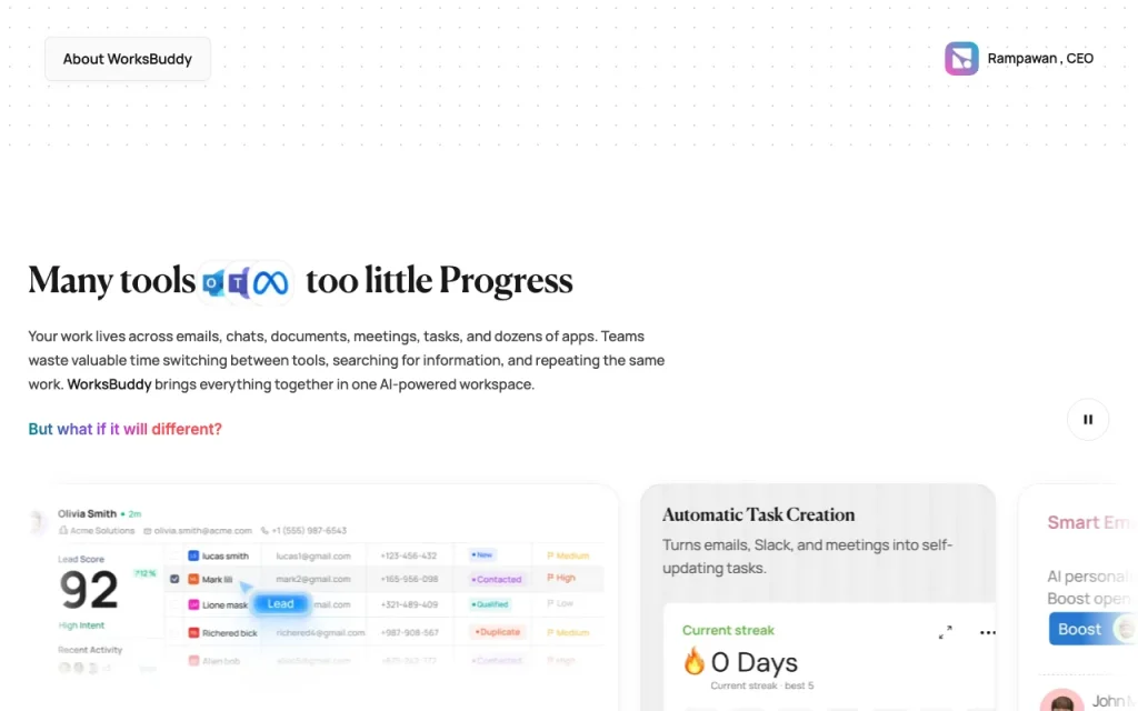 WorksBuddy page d'accueil — capture d'écran de l'outil d'IA productivité et rédaction, Oct 1, 2026