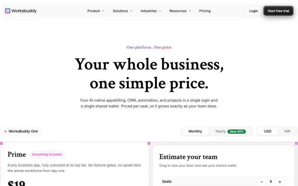 WorksBuddy page de tarifs avec offres et prix — capture d'écran de l'outil d'IA productivité et rédaction, Oct 1, 2026