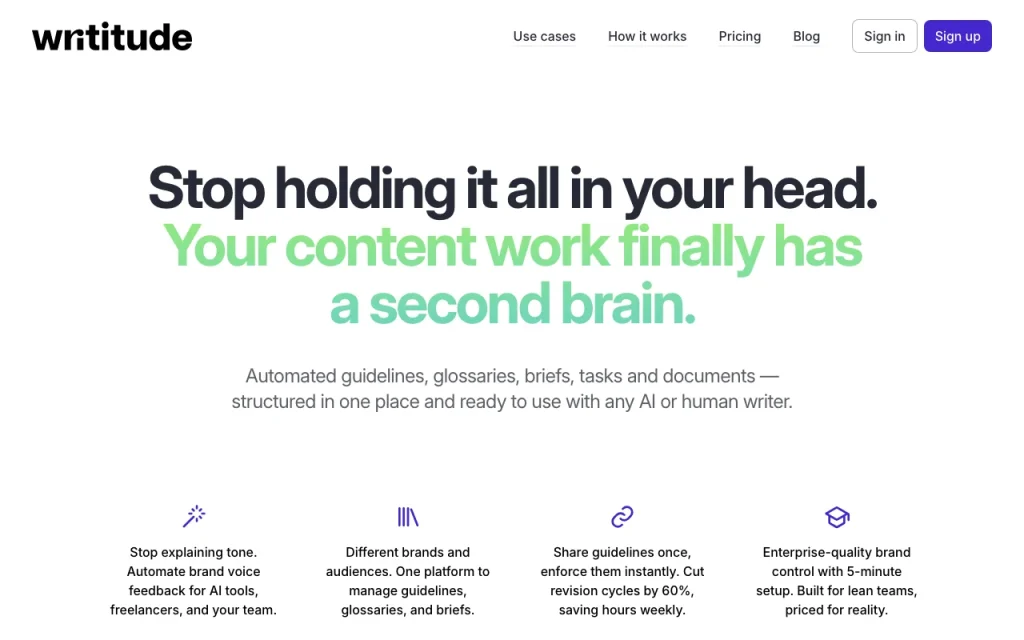 Writitude homepage screenshot, productivity & writing AI tool