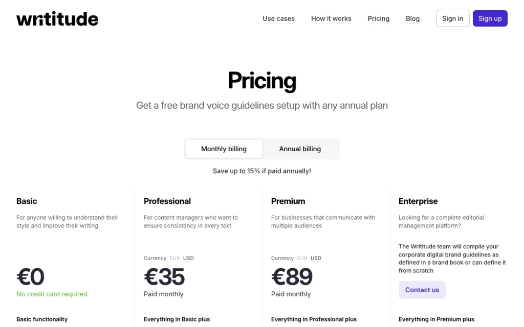 Writitude pricing page with plans and prices — screenshot of the productivity & writing AI tool, Oct 2, 2026