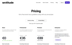 Writitude pricing page with plans and prices — screenshot of the productivity & writing AI tool, 2026-10-02