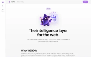 WZRD about page — screenshot of the productivity & writing AI tool, 2026-10-02