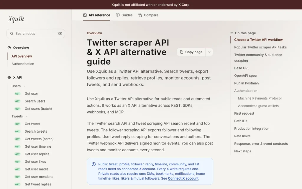 Xquik API documentation — screenshot of the productivity & writing AI tool, Oct 1, 2026