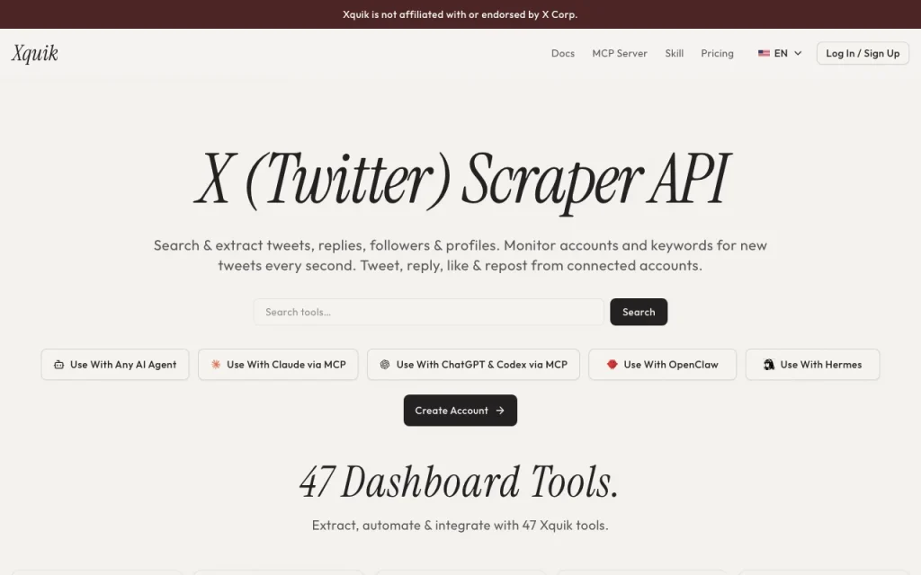 Xquik homepage — screenshot of the productivity & writing AI tool, Oct 1, 2026