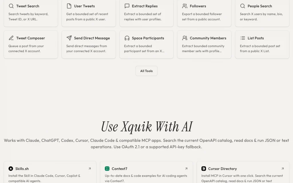 Xquik homepage — screenshot of the productivity & writing AI tool, Oct 1, 2026