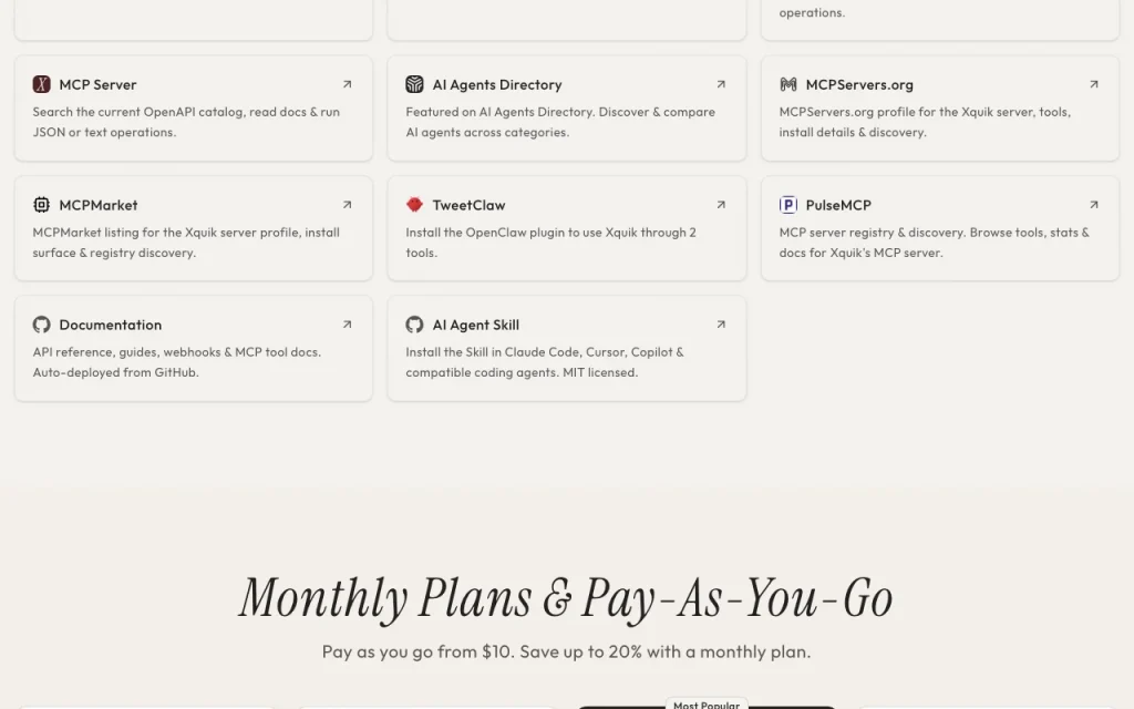 Xquik homepage — screenshot of the productivity & writing AI tool, Oct 1, 2026