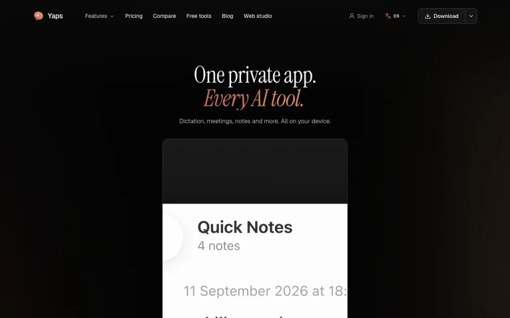 Yaps homepage — screenshot of the audio & voice AI tool, Oct 1, 2026