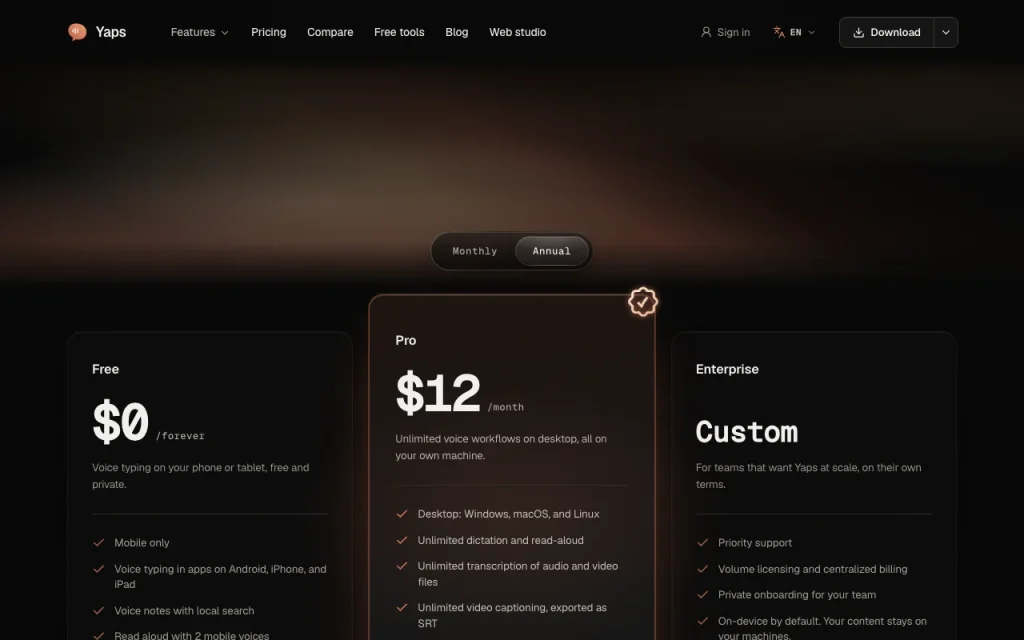 Yaps pricing page with plans and prices — screenshot of the audio & voice AI tool, Oct 1, 2026