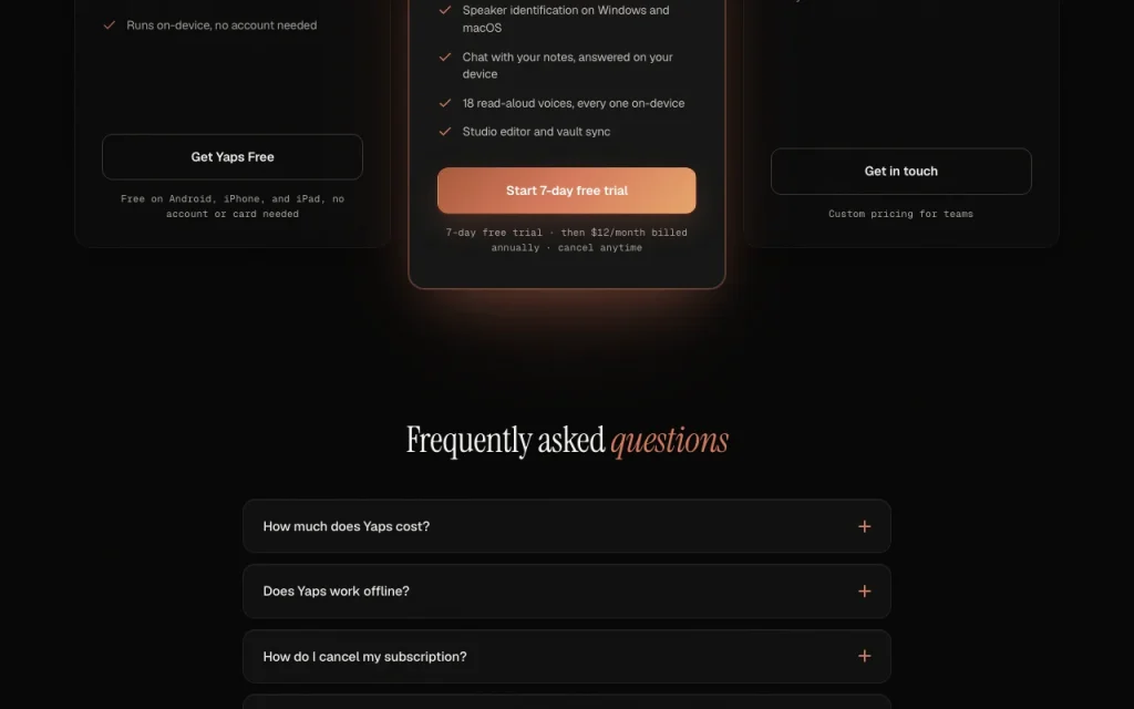 Yaps pricing page with plans and prices — screenshot of the audio & voice AI tool, Oct 1, 2026