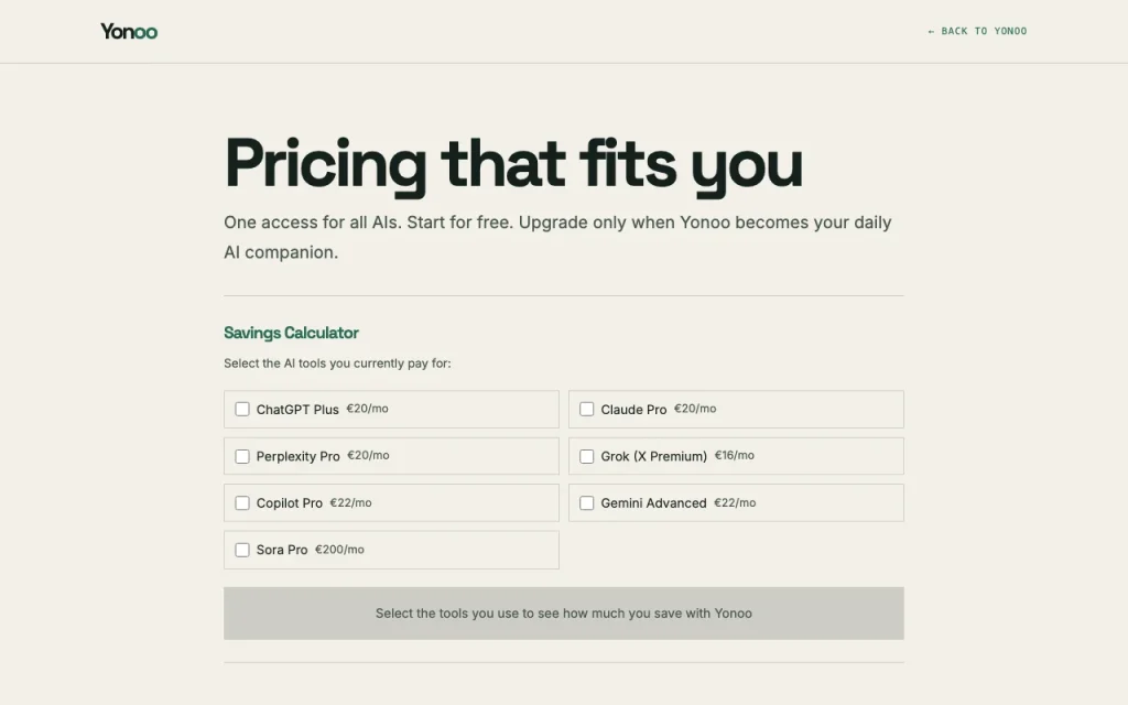 Yonoo pricing page with plans and prices — screenshot of the chat assistants AI tool, Oct 2, 2026