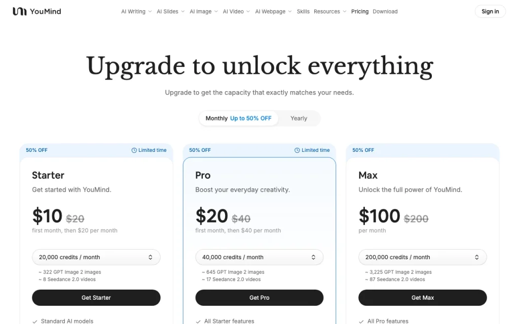 YouMind pricing page with plans and prices — screenshot of the productivity & writing AI tool, Oct 2, 2026