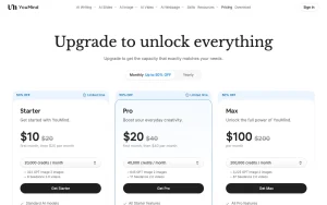 YouMind pricing page with plans and prices — screenshot of the productivity & writing AI tool, 2026-10-02