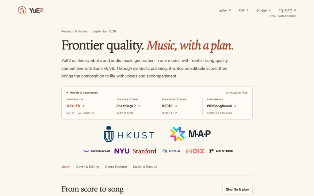 YuE2 Startseite, Screenshot, KI-Tool audio & sprache