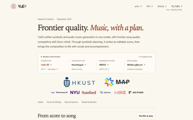 YuE2 homepage screenshot, audio & voice AI tool
