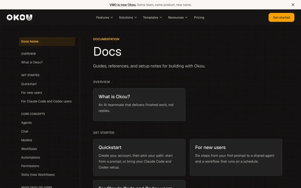 Okou (formerly VM0) Dokumentation – Screenshot des KI-Tools produktivität & schreiben, Oct 1, 2026