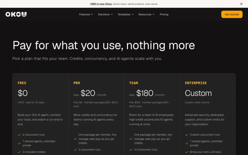 Okou (formerly VM0) Preisseite mit Tarifen und Preisen – Screenshot des KI-Tools produktivität & schreiben, Oct 1, 2026