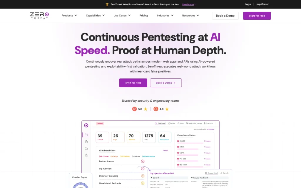 ZeroThreat homepage screenshot, coding AI tool