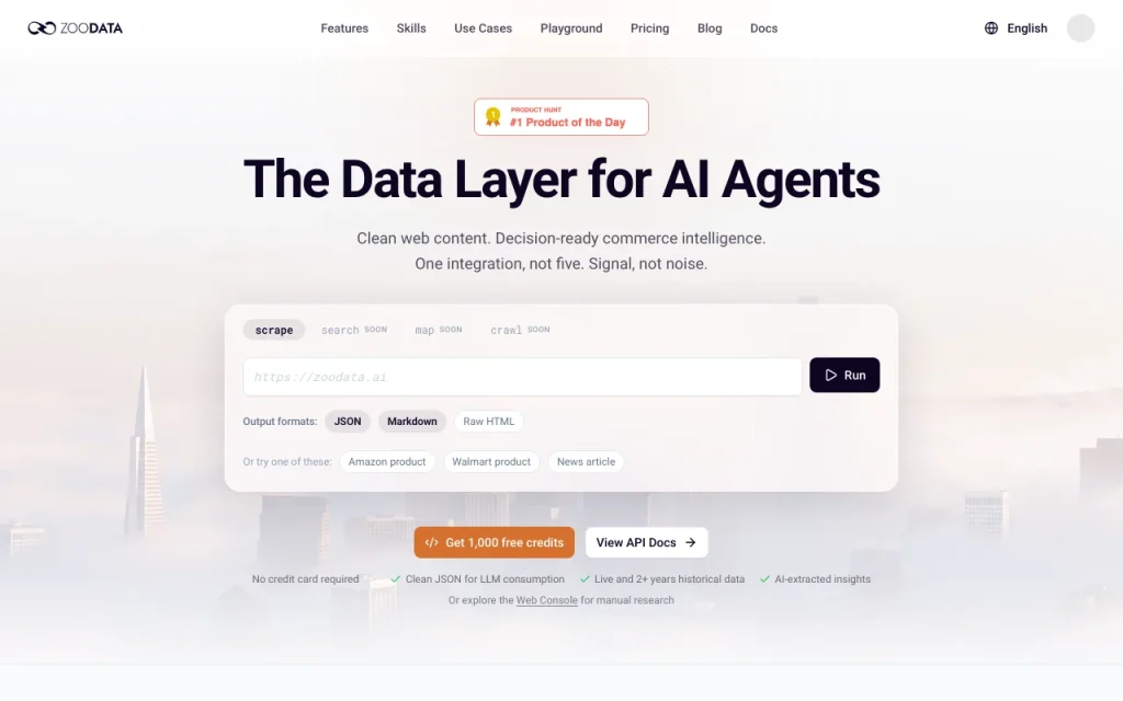 ZooData página principal — captura de pantalla de la herramienta de IA investigación y búsqueda, Oct 1, 2026