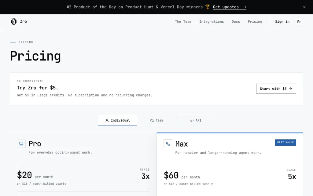Zro (by MoonMath) página de precios con planes y precios — captura de pantalla de la herramienta de IA programación, Oct 1, 2026