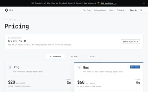 Zro (by MoonMath) pricing page with plans and prices — screenshot of the coding AI tool, 2026-10-01