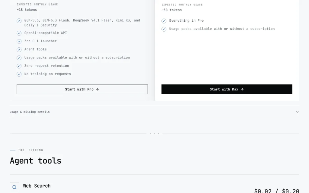 Zro (by MoonMath) página de preços com planos e valores: captura de tela da ferramenta de IA programação, Oct 1, 2026